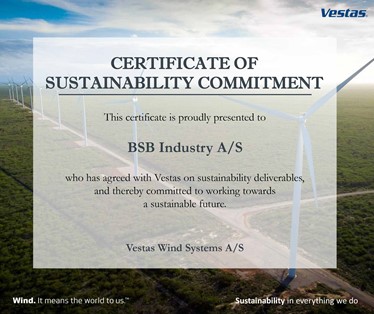 BSB Industry AS Vestas Sustainability Certificate